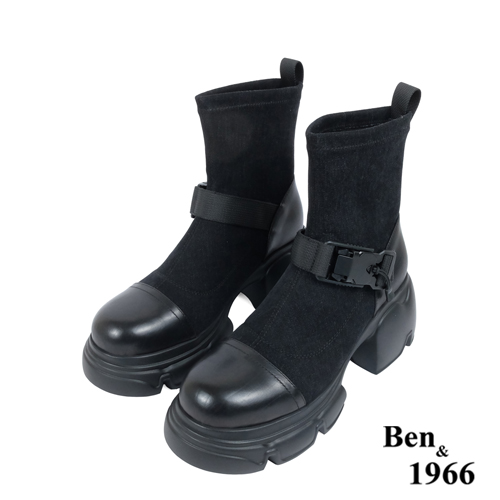 Ben&1966高級彈力牛仔布拼接牛皮磁吸側釦休閒短靴-黑(237211)