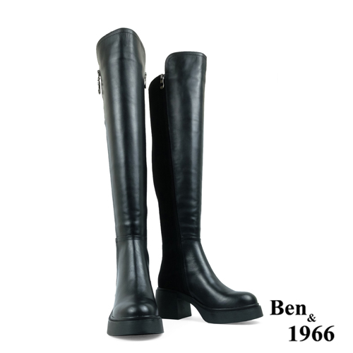 Ben&1966高級頭層牛皮拼接彈力布粗跟厚底膝上靴-黑(237511)