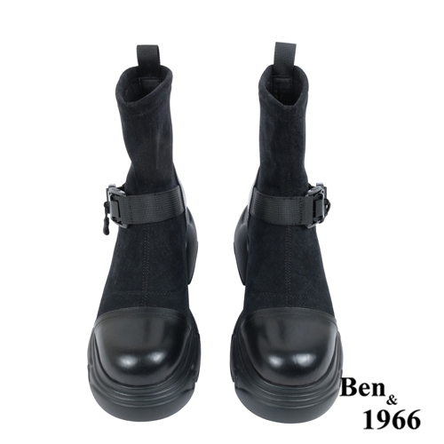 Ben&1966高級彈力牛仔布拼接牛皮磁吸側釦休閒短靴-黑(237211)