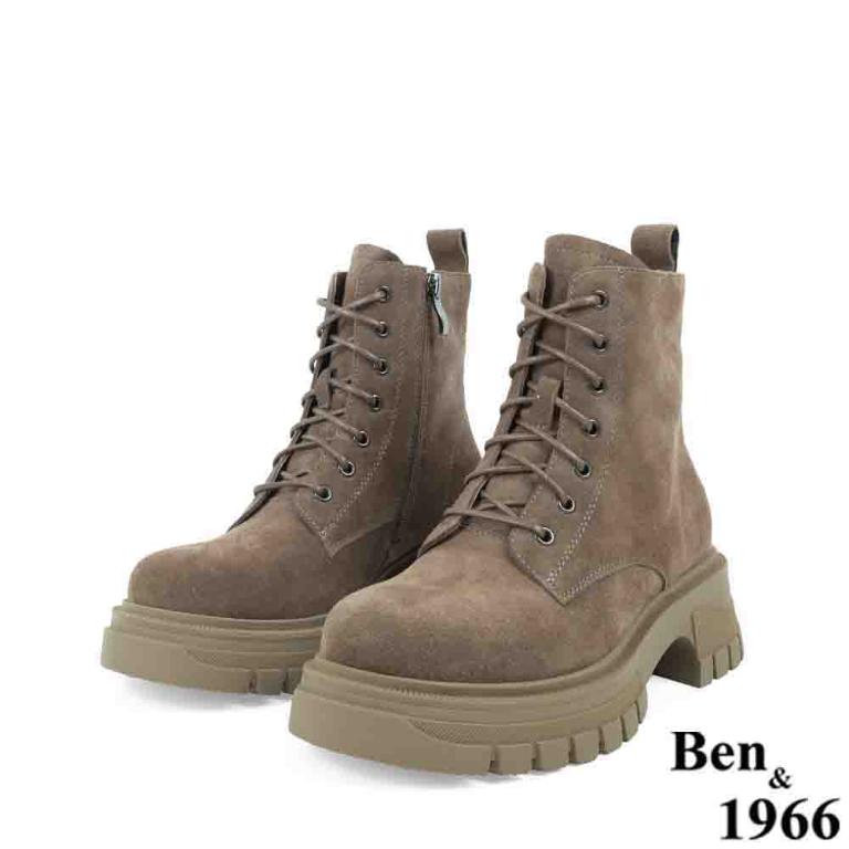 Ben&1966高級頭層牛皮綁帶厚底個性短靴-卡其(237272)