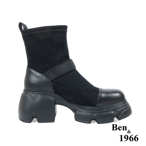 Ben&1966高級彈力牛仔布拼接牛皮磁吸側釦休閒短靴-黑(237211)