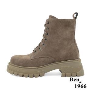 Ben&1966高級頭層牛皮綁帶厚底個性短靴-卡其(237272)