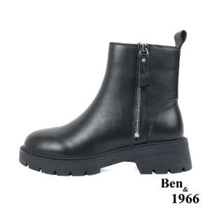 Ben&1966高級頭層牛皮側拉鍊造型短靴-黑(237241)