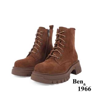 Ben&1966高級頭層牛皮綁帶厚底個性短靴-咖啡(237271)