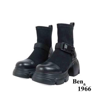 Ben&1966高級彈力牛仔布拼接牛皮磁吸側釦休閒短靴-黑(237211)