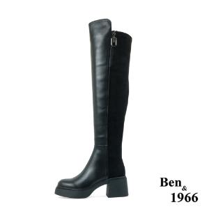 Ben&1966高級頭層牛皮拼接彈力布粗跟厚底膝上靴-黑(237511)