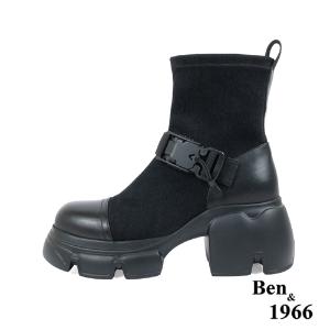 Ben&1966高級彈力牛仔布拼接牛皮磁吸側釦休閒短靴-黑(237211)
