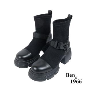 Ben&1966高級彈力牛仔布拼接牛皮磁吸側釦休閒短靴-黑(237211)