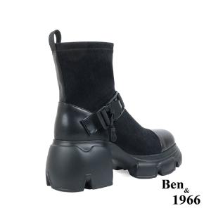 Ben&1966高級彈力牛仔布拼接牛皮磁吸側釦休閒短靴-黑(237211)