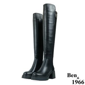 Ben&1966高級頭層牛皮拼接彈力布粗跟厚底膝上靴-黑(237511)