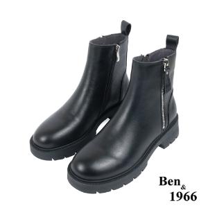 Ben&1966高級頭層牛皮側拉鍊造型短靴-黑(237241)