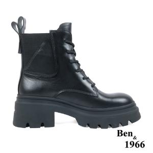 Ben&1966高級頭層牛皮個性綁帶短靴-黑(237251)