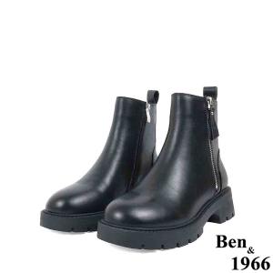 Ben&1966高級頭層牛皮側拉鍊造型短靴-黑(237241)