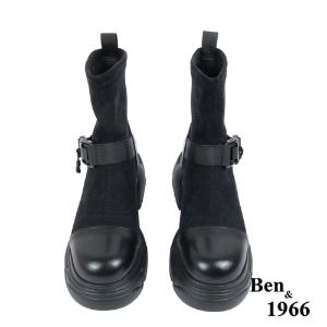 Ben&1966高級彈力牛仔布拼接牛皮磁吸側釦休閒短靴-黑(237211)