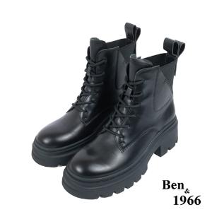 Ben&1966高級頭層牛皮個性綁帶短靴-黑(237251)