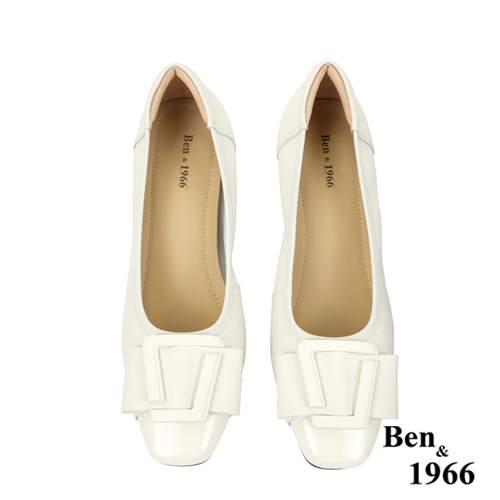 Ben&1966高級絲綢牛皮拼接漆皮粗跟鞋-米白(238062)