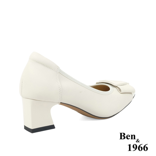 Ben&1966高級絲綢牛皮拼接漆皮粗跟鞋-米白(238062)