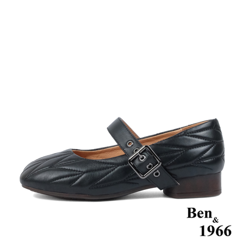 Ben&1966高級柔軟羊皮方頭舒適格紋低跟瑪莉珍鞋-黑(238031)