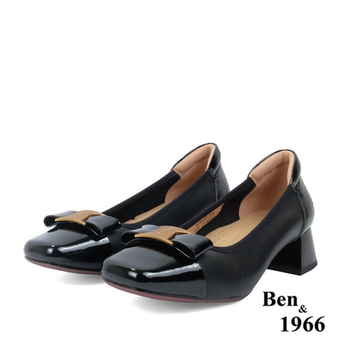 Ben&1966高級頭層牛皮大方金屬釦方頭粗跟鞋-黑(238051)