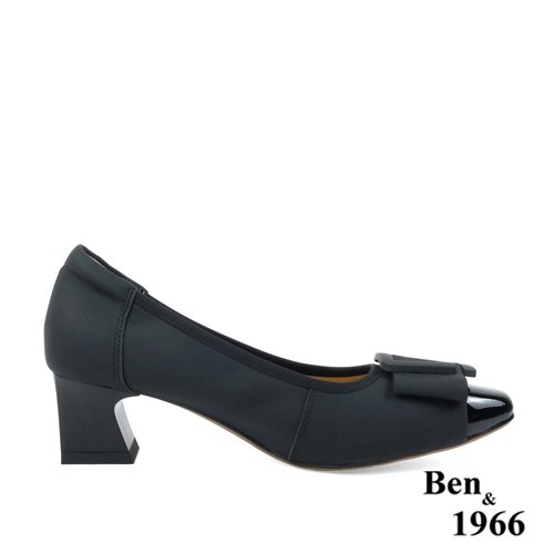 Ben&1966高級絲綢牛皮拼接漆皮粗跟鞋-黑(238061)