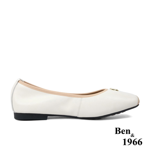 Ben&1966高級頭層牛皮方頭簡約撞色優雅包鞋-米白(238042)