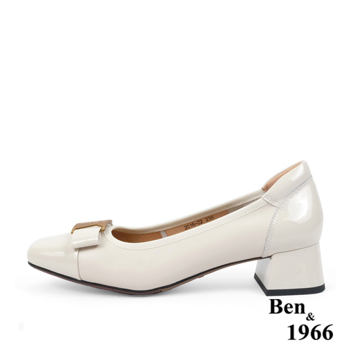 Ben&1966高級頭層牛皮大方金屬釦方頭粗跟鞋-米白(238052)