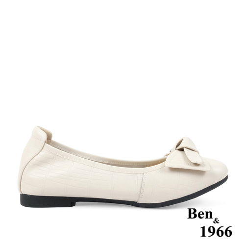 Ben&1966高級頭層牛皮氣質蝴蝶結方頭包鞋-米白(238182)