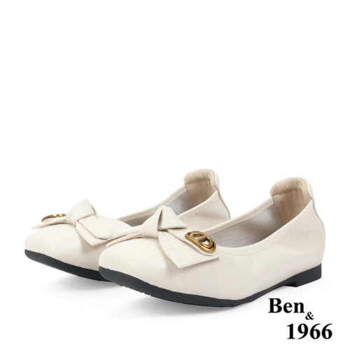 Ben&1966高級頭層牛皮氣質蝴蝶結方頭包鞋-米白(238182)