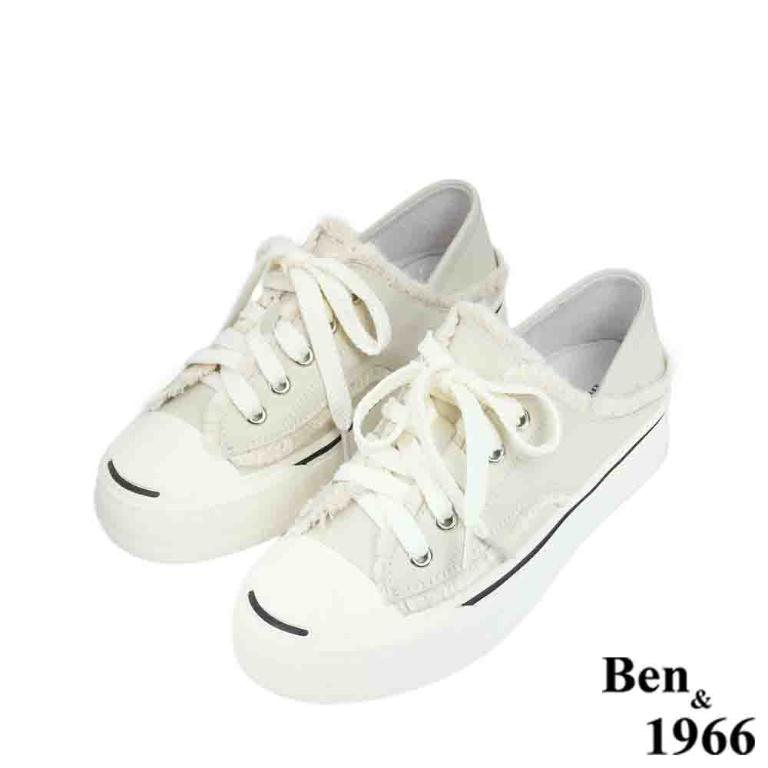 Ben&1966高級絲綢羊皮可愛鬚鬚綁帶厚底休閒鞋-米白(238112)