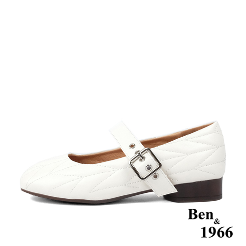 Ben&1966高級柔軟羊皮方頭舒適格紋低跟瑪莉珍鞋-米白(238032)