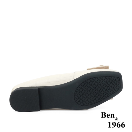 Ben&1966高級頭層牛皮氣質蝴蝶結方頭包鞋-米白(238182)