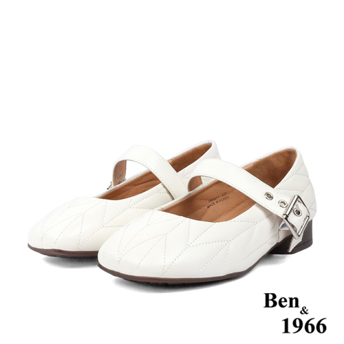 Ben&1966高級柔軟羊皮方頭舒適格紋低跟瑪莉珍鞋-米白(238032)