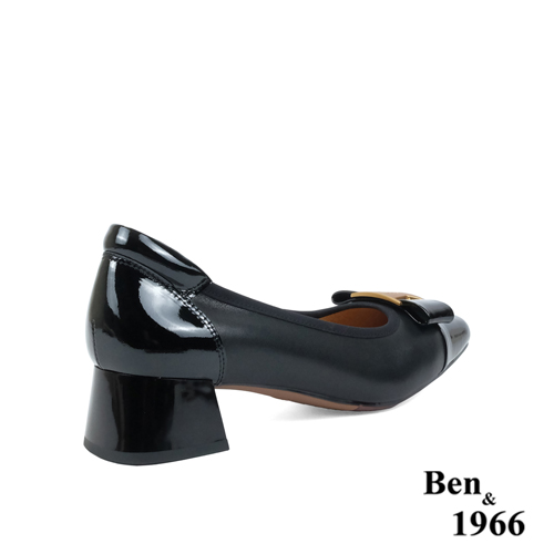 Ben&1966高級頭層牛皮大方金屬釦方頭粗跟鞋-黑(238051)