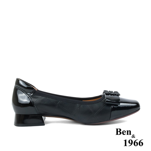 Ben&1966高級頭層牛皮方頭簡約低跟鞋-黑(238021)