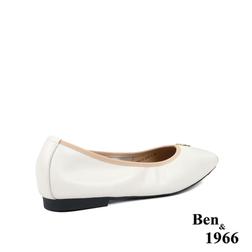 Ben&1966高級頭層牛皮方頭簡約撞色優雅包鞋-米白(238042)