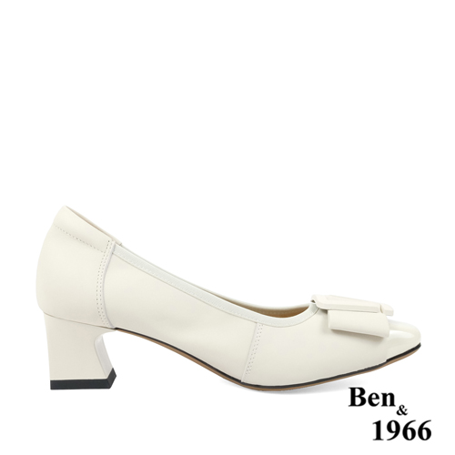 Ben&1966高級絲綢牛皮拼接漆皮粗跟鞋-米白(238062)