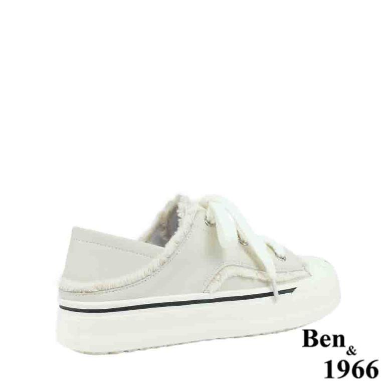 Ben&1966高級絲綢羊皮可愛鬚鬚綁帶厚底休閒鞋-米白(238112)