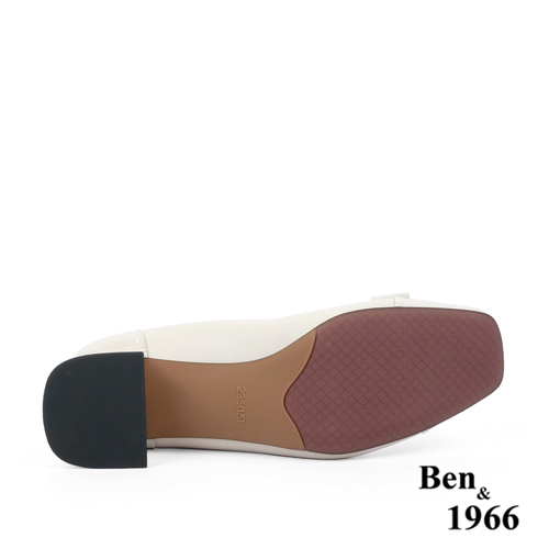 Ben&1966高級頭層牛皮大方金屬釦方頭粗跟鞋-米白(238052)