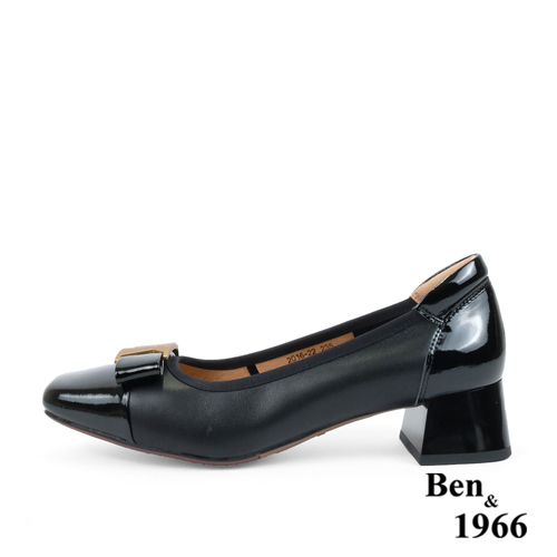 Ben&1966高級頭層牛皮大方金屬釦方頭粗跟鞋-黑(238051)