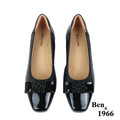 Ben&1966高級頭層牛皮方頭簡約低跟鞋-黑(238021)