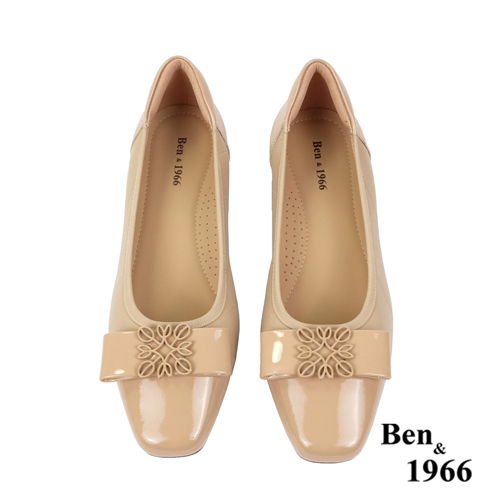 Ben&1966高級頭層牛皮方頭簡約低跟鞋-奶茶杏(238022)