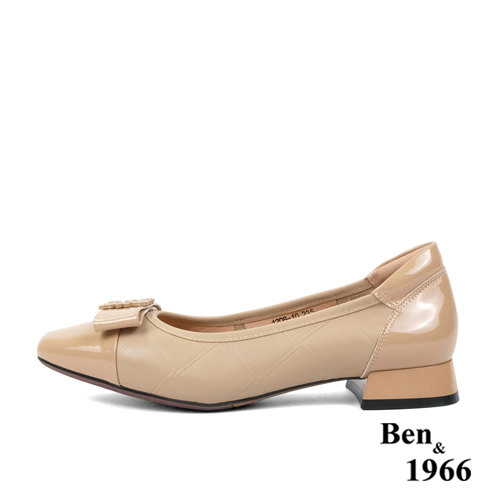 Ben&1966高級頭層牛皮方頭簡約低跟鞋-奶茶杏(238022)