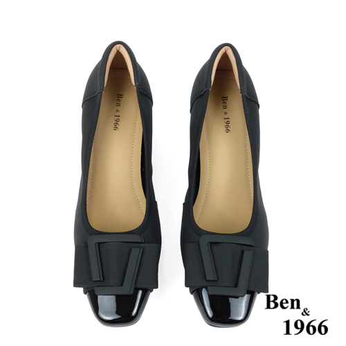 Ben&1966高級絲綢牛皮拼接漆皮粗跟鞋-黑(238061)