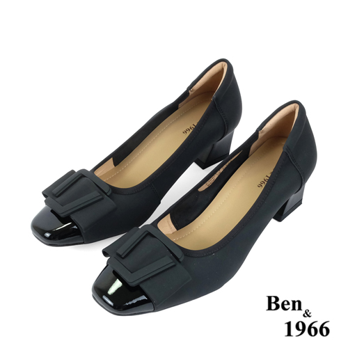 Ben&1966高級絲綢牛皮拼接漆皮粗跟鞋-黑(238061)