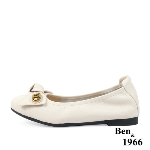 Ben&1966高級頭層牛皮氣質蝴蝶結方頭包鞋-米白(238182)