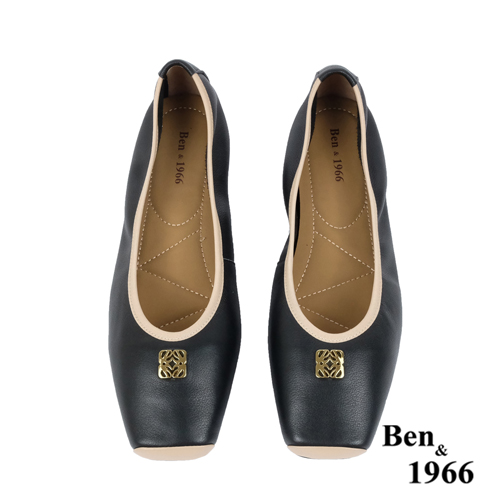 Ben&1966高級頭層牛皮方頭簡約撞色優雅包鞋-黑(238041)