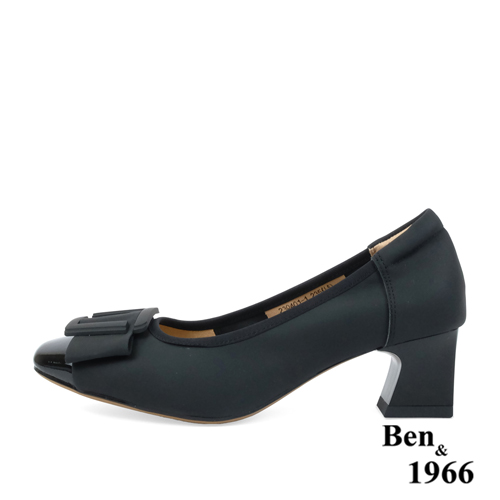 Ben&1966高級絲綢牛皮拼接漆皮粗跟鞋-黑(238061)