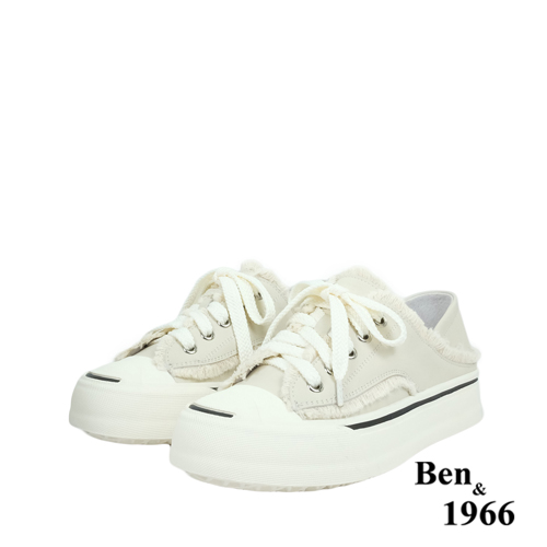 Ben&1966高級絲綢羊皮可愛鬚鬚綁帶厚底休閒鞋-米白(238112)
