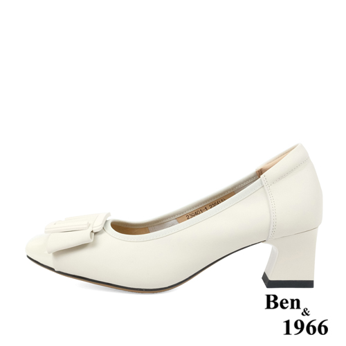 Ben&1966高級絲綢牛皮拼接漆皮粗跟鞋-米白(238062)