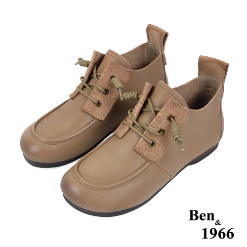Ben&1966高級頭層牛皮文青感圓頭踝靴-卡其(238162)